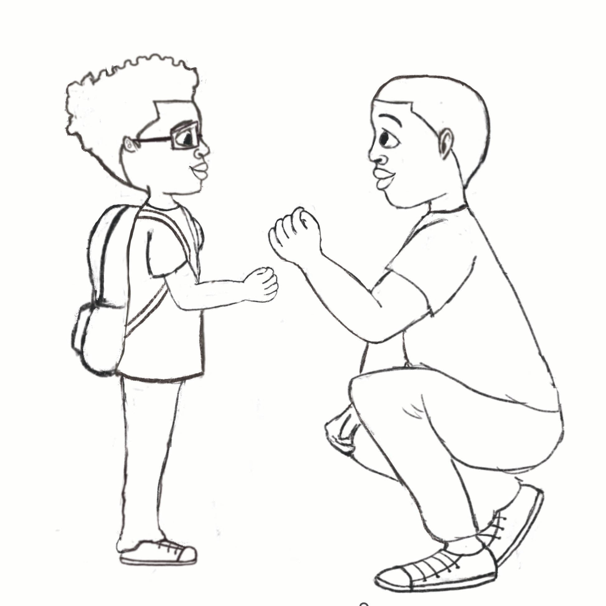 Coloring page featuring a boy and his dad initiating a handshake. This free set of pages feature characters from Crystel Patterson's "Kobe's Special Handshake" book, promoting emotional awareness and connection.