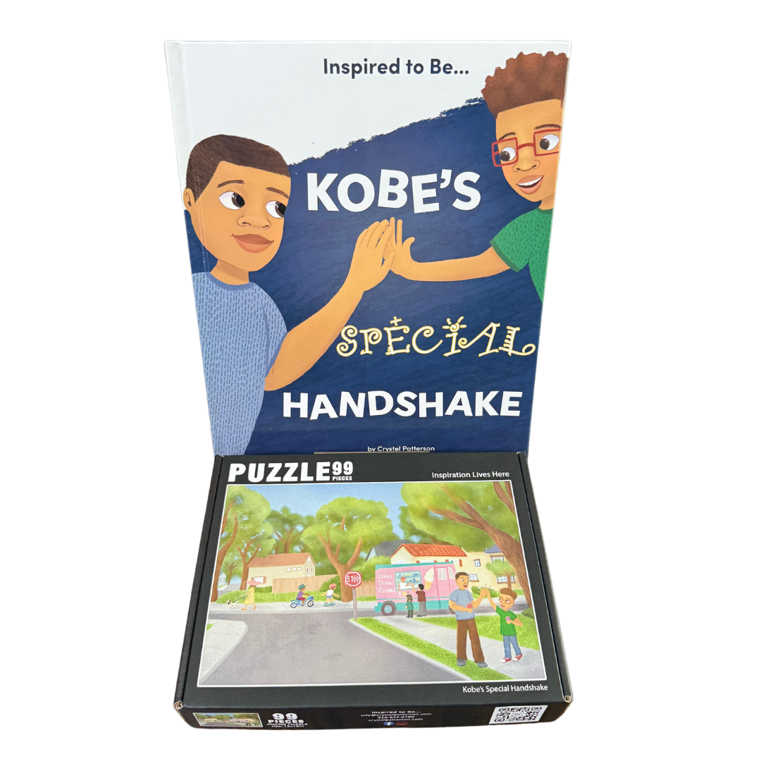 Bundle image featuring the 'Kobe's Special Handshake' book cover and its interactive puzzle from Crystel Patterson, highlighting themes of emotional connection and healing.