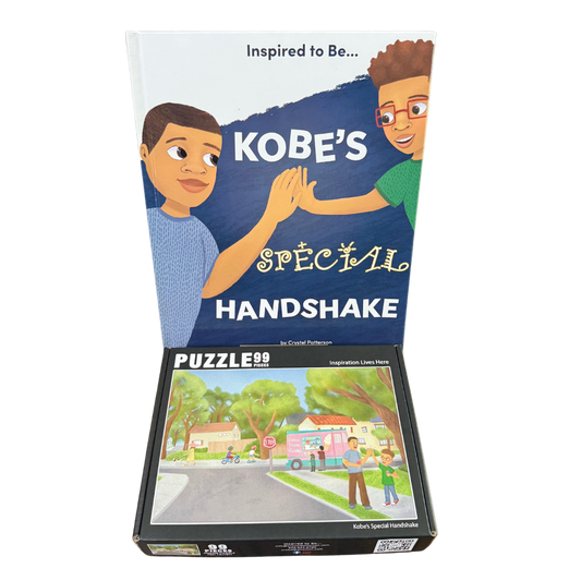 Bundle image featuring the 'Kobe's Special Handshake' book cover and its interactive puzzle from Crystel Patterson, highlighting themes of emotional connection and healing.