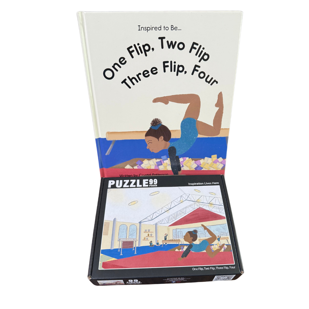 Bundle image featuring the 'One Flip, Two Flip, Three Flip, Four' book cover and its full-page interactive puzzle from Crystel Patterson.