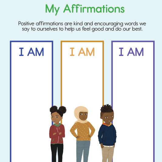 Positive Affirmation Worksheet for children, a free downloadable supplement from Crystel Patterson's "I Am Different" book, designed to encourage self-love and confidence.