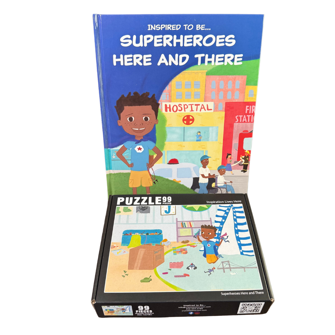 Bundle image featuring the 'Superheroes Here and There' book cover and its interactive puzzle from Crystel Patterson.