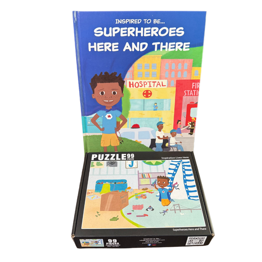 Bundle image featuring the 'Superheroes Here and There' book cover and its interactive puzzle from Crystel Patterson.