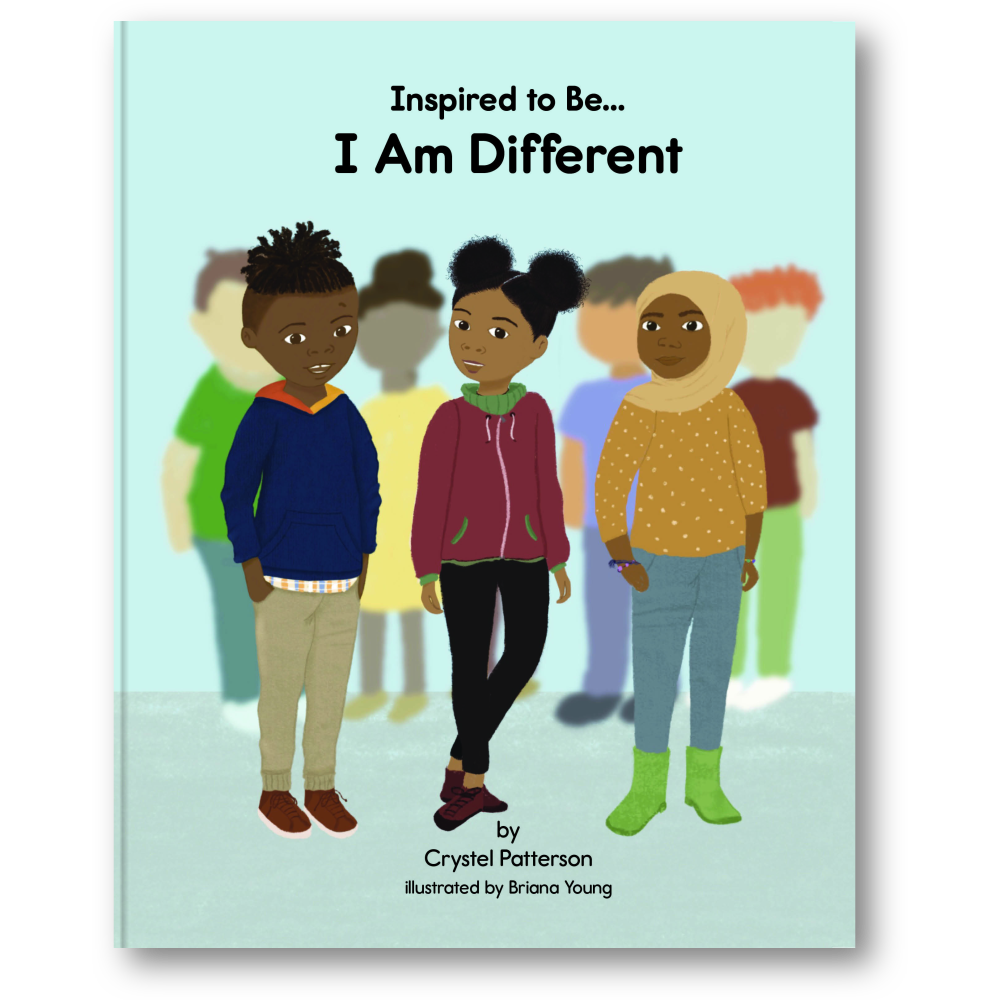 Cover of 'I Am Different' children's book by Crystel Patterson, featuring three young children embracing their uniqueness, celebrating diversity and self-acceptance.