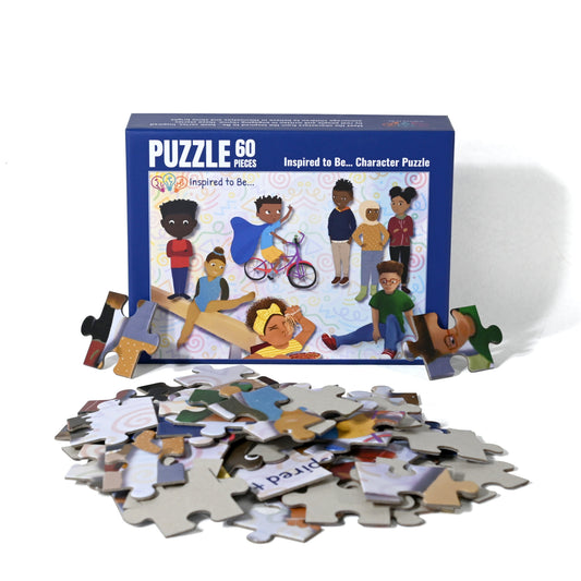 Puzzle set with character pieces and packaging on a white background