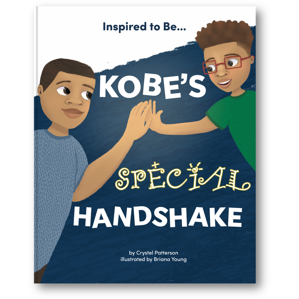 Cover of 'Kobe's Special Handshake' children's book by Crystel Patterson, depicting a young boy connecting with his father through a special handshake, promoting emotional expression and healing.