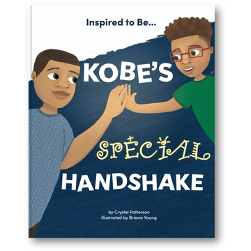 Cover of 'Kobe's Special Handshake' children's book by Crystel Patterson, depicting a young boy connecting with his father through a special handshake, promoting emotional expression and healing.