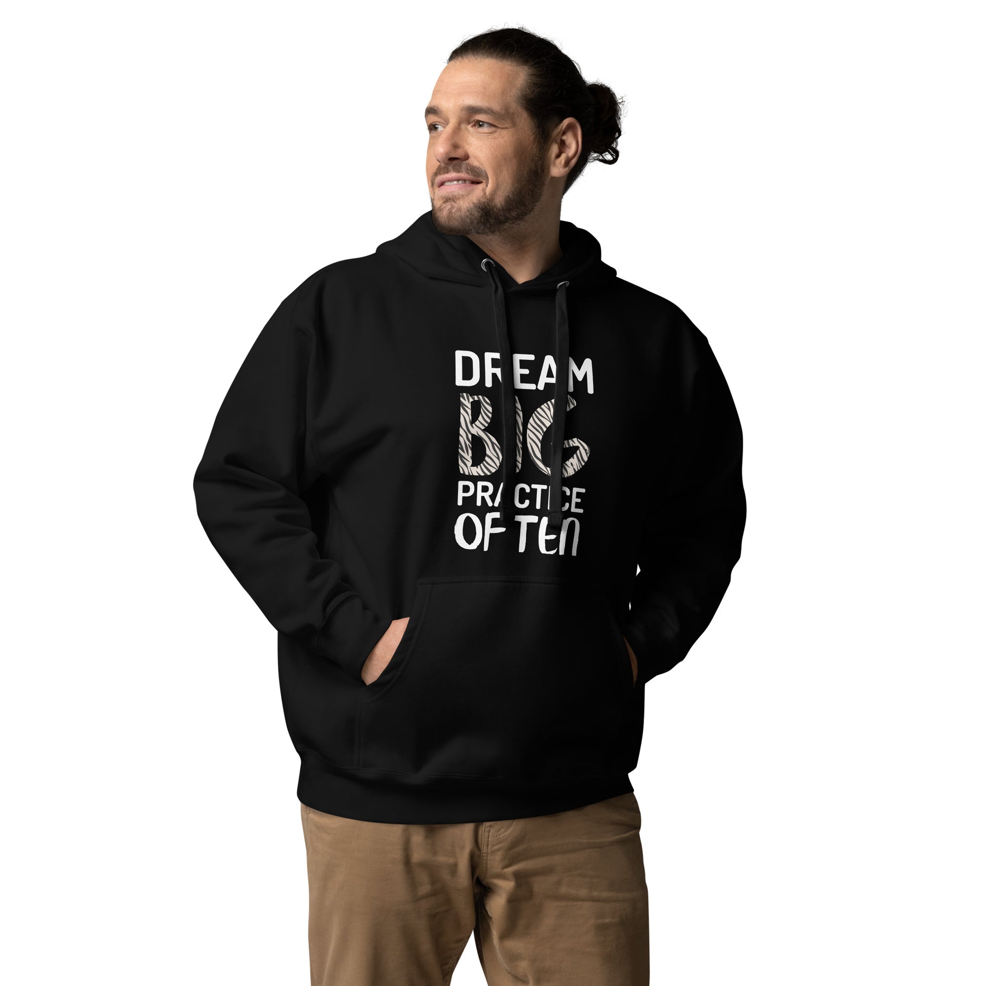 Black adult unisex hoodie featuring the phrase "Dream Big, Practice Often".