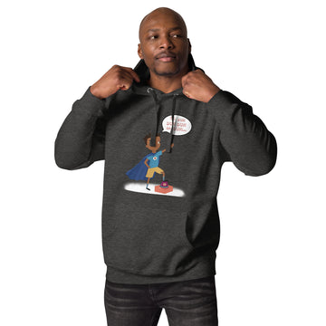 Charcoal heather adult unisex hoodie with an image of the main character from Crystel Patterson's "Superheroes Here and There" wearing a cape (front) and the text "Superheroes Look Like Me" (back).