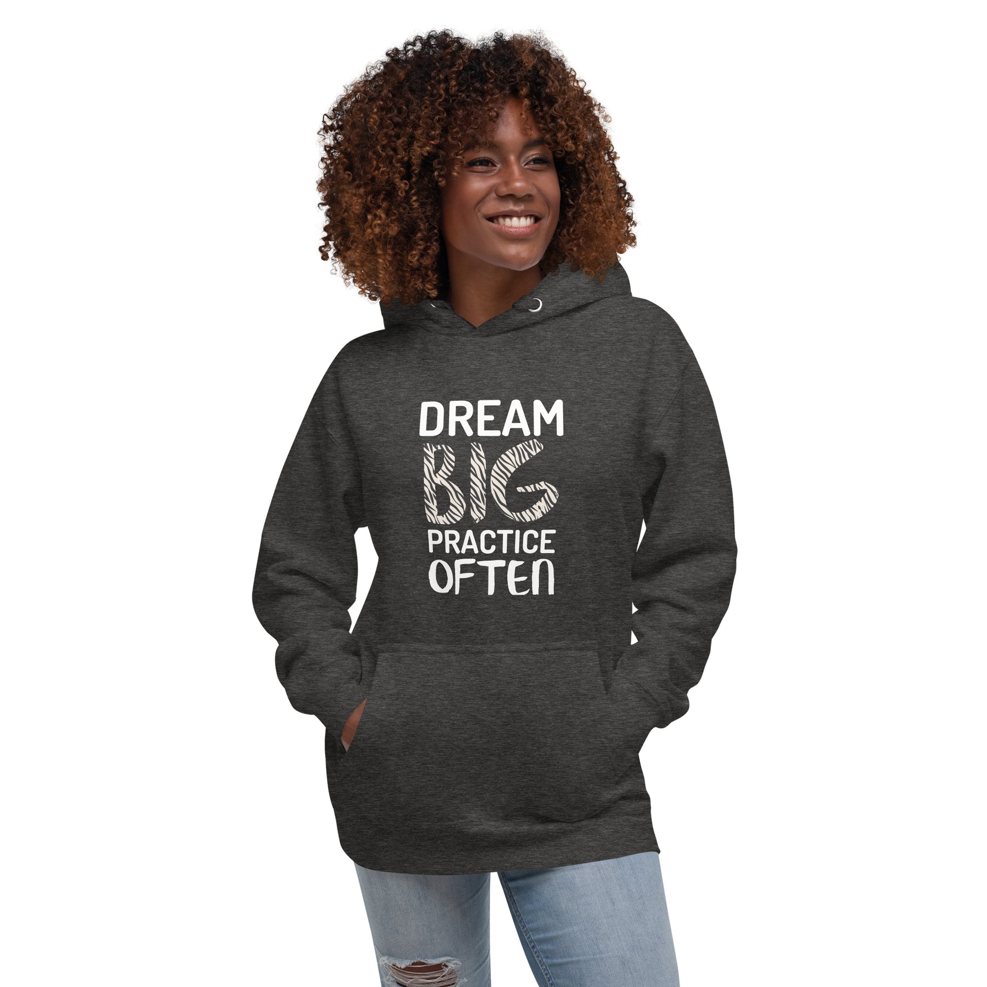 Charcoal heather adult unisex hoodie featuring the phrase "Dream Big, Practice Often".