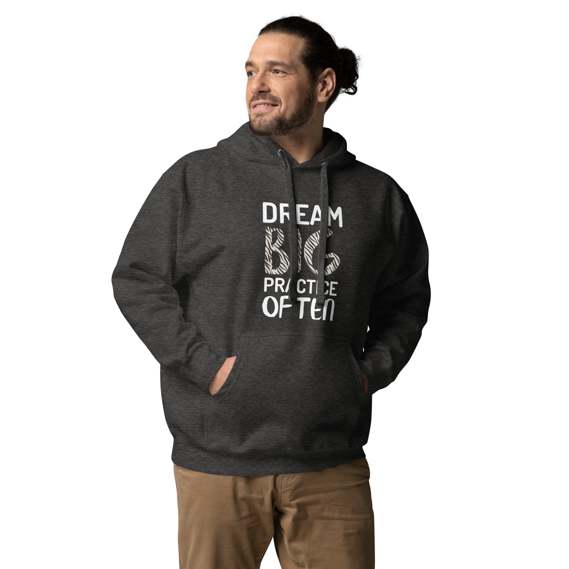 Charcoal heather adult unisex hoodie featuring the phrase "Dream Big, Practice Often".