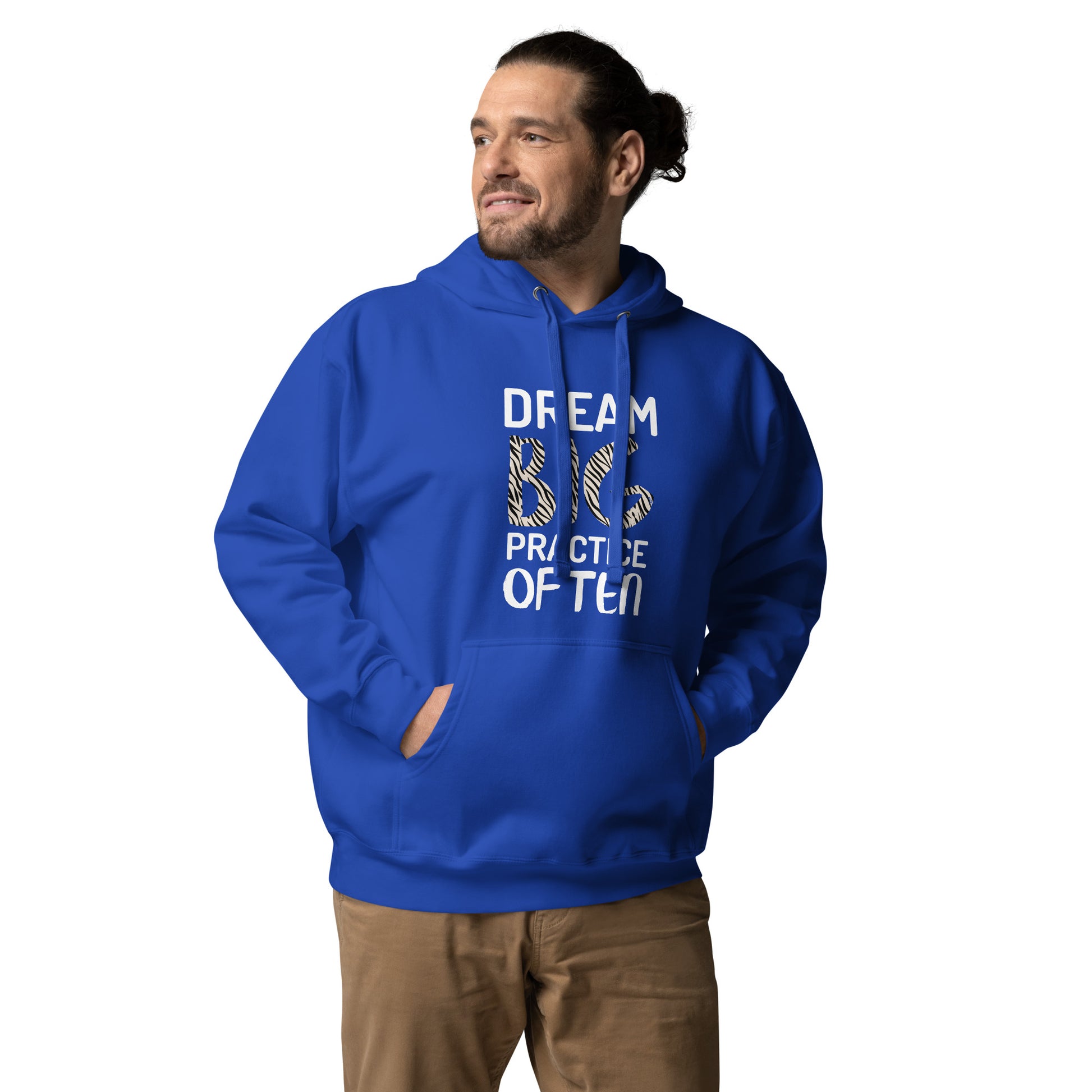 Royal blue adult unisex hoodie featuring the phrase "Dream Big, Practice Often".