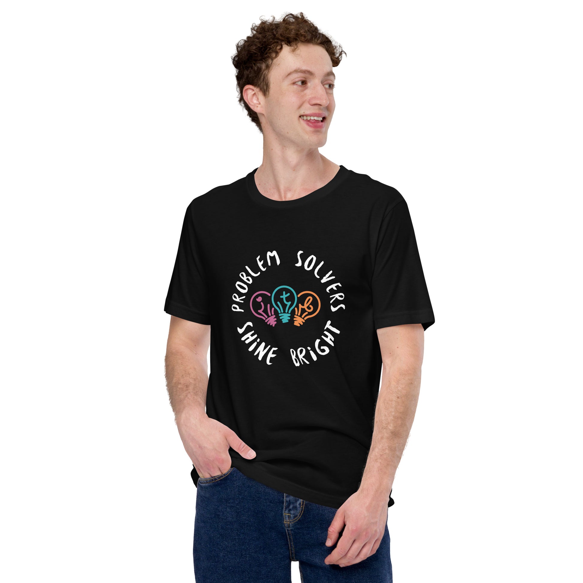 Black adult unisex t-shirt with the text "Problem Solvers Shine Bright"