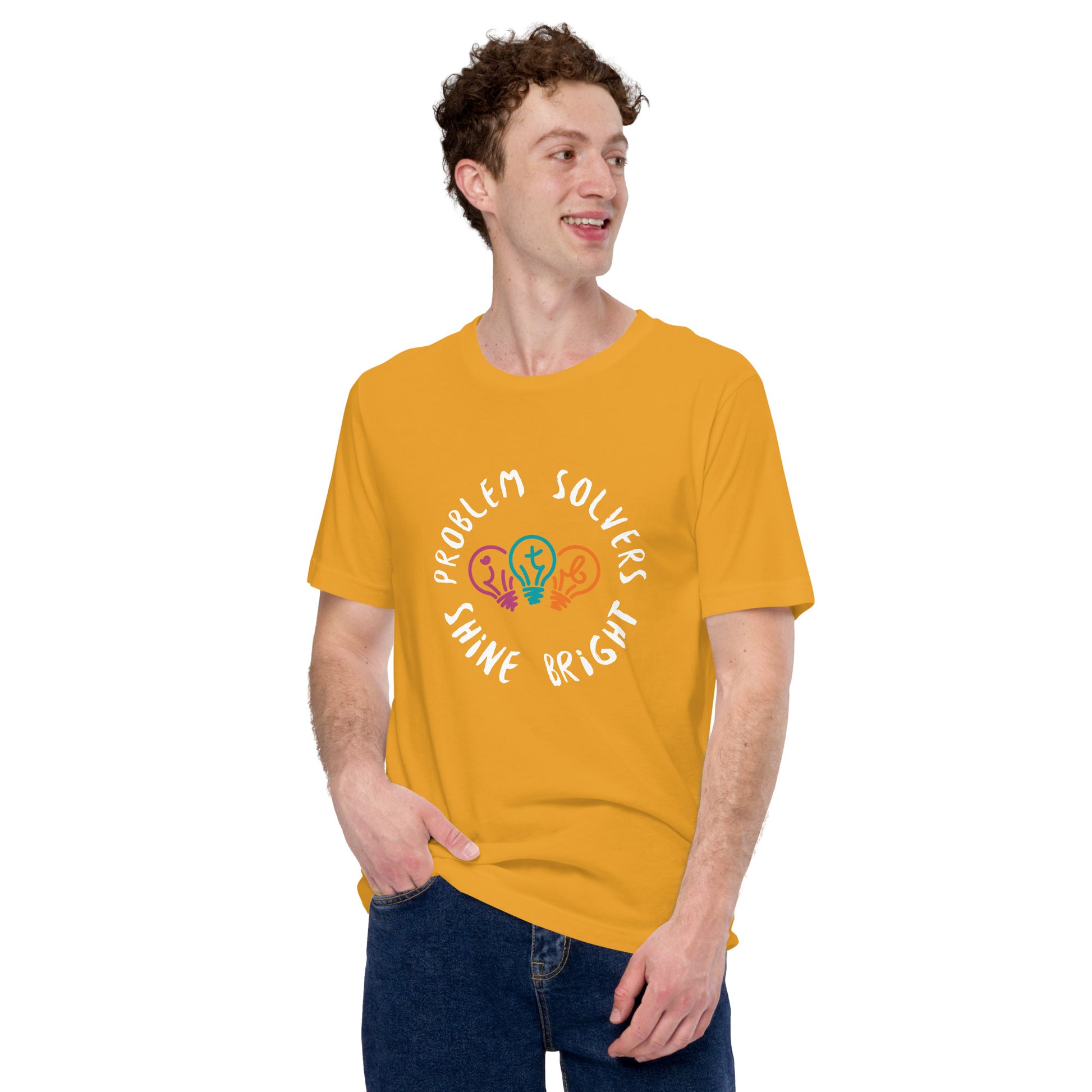 Mustard blue adult unisex t-shirt with the text "Problem Solvers Shine Bright"