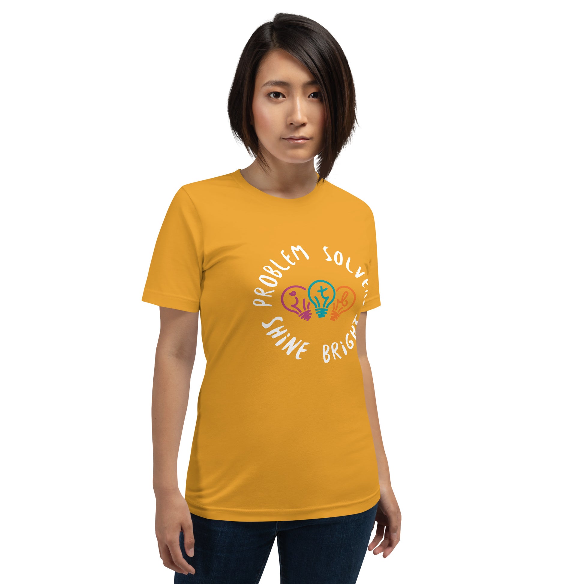 Mustard adult unisex t-shirt with the text "Problem Solvers Shine Bright"