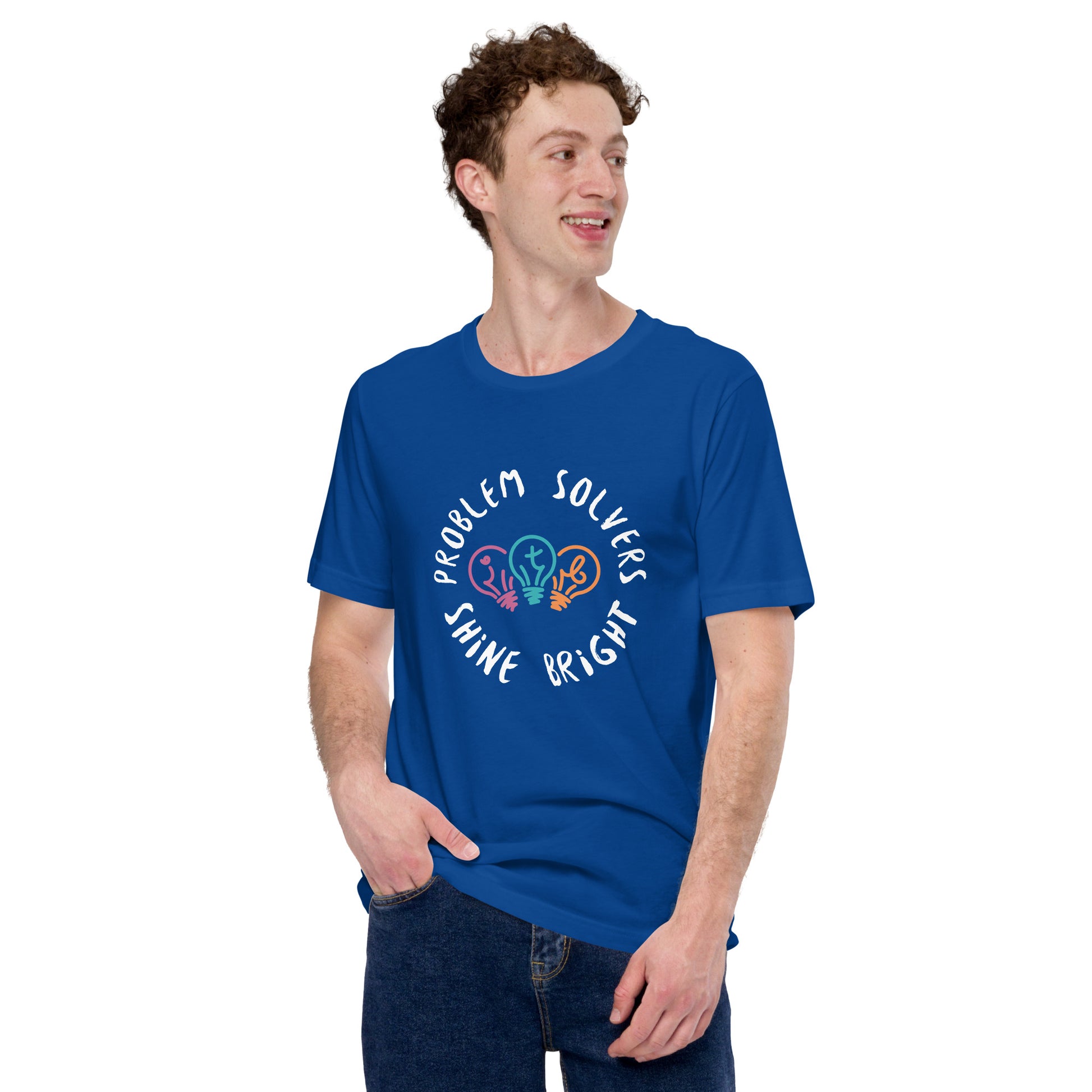 Royal blue adult unisex t-shirt with the text "Problem Solvers Shine Bright"