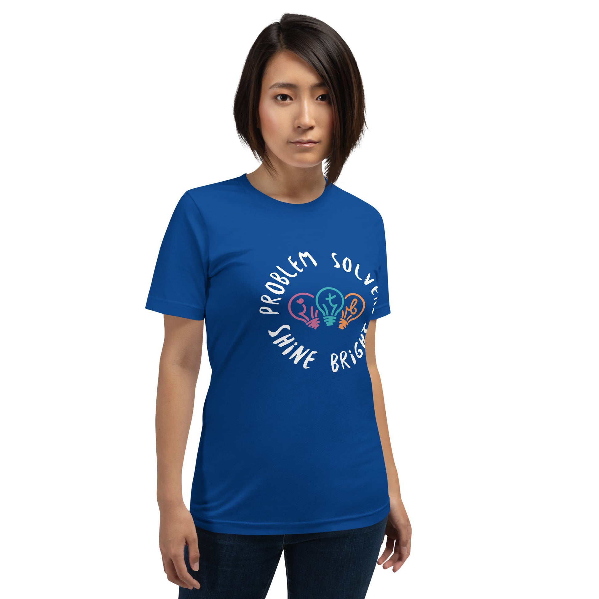 Royal blue adult unisex t-shirt with the text "Problem Solvers Shine Bright"