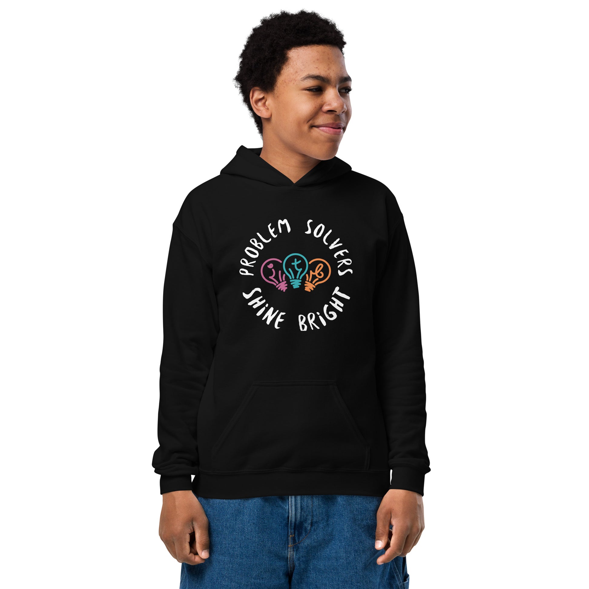 Black youth unisex hoodie with the text "Problem Solvers Shine Bright"