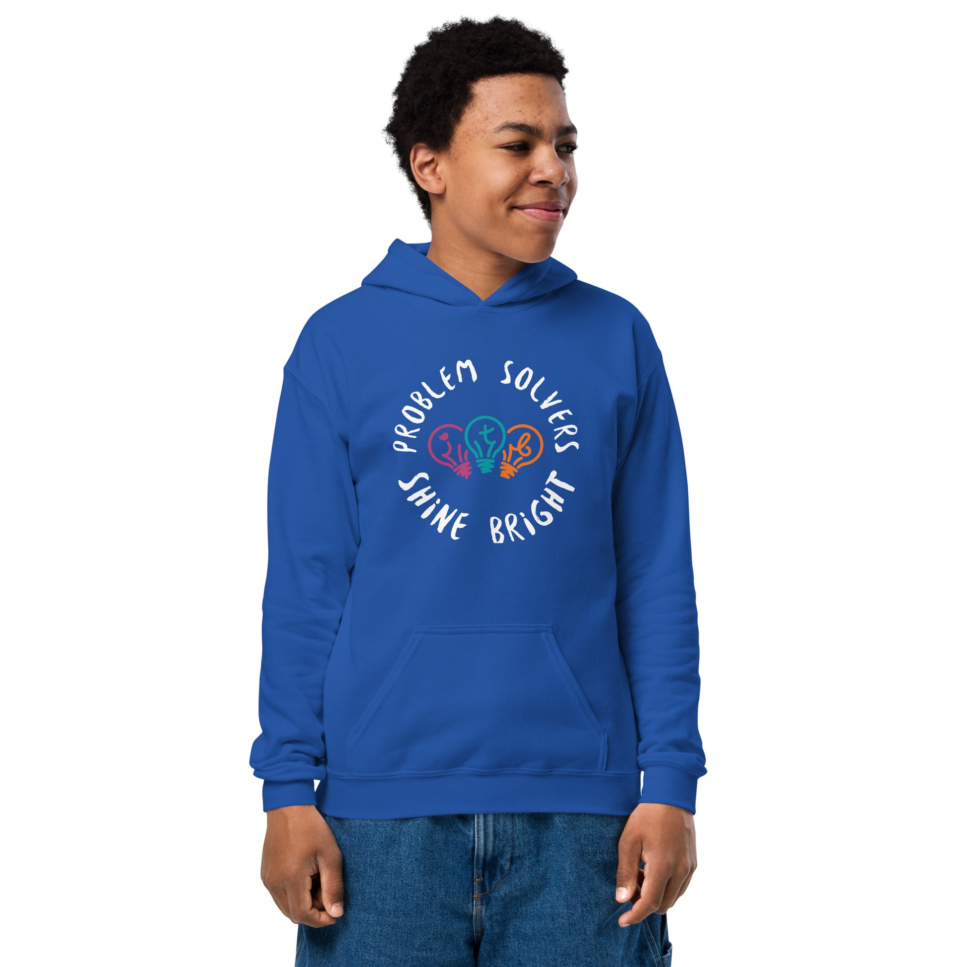 Royal blue youth unisex hoodie with the text "Problem Solvers Shine Bright"