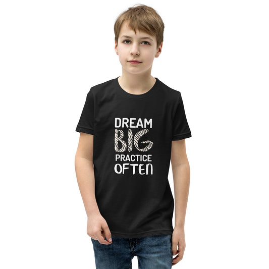 Black youth t-shirt featuring the phrase "Dream Big, Practice Often".