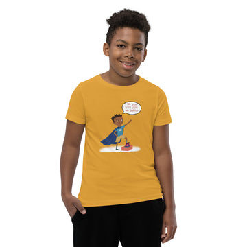 Mustard youth t-shirt with an image of the main character from Crystel Patterson's "Superheroes Here and There" wearing a cape (front) and the text "Superheroes Look Like Me" (back).